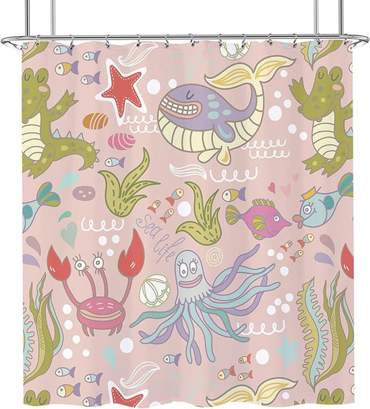 Pink Whale Kids Shower Curtain Set 72x72 Cute Cartoon Sea Animals Girls Shower Curtain for Bathroom Ocean Marine Theme Under Sea Bath Curtain Set Underwater Octopus Fish Kids Bathroom Decor