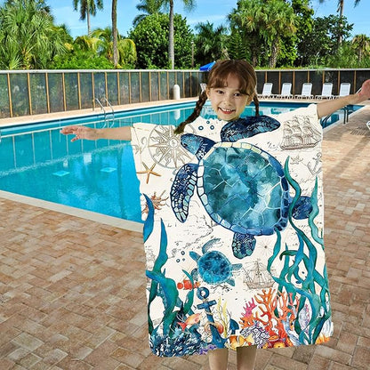 Turtle Kids Bath Beach Towels with Hood for Toddlers Premium Microfiber Quick-Dry Kids Hooded Towel for Shower/Beach/Swim Bathrobe