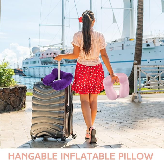 Sintuff 2 Pack Inflatable Travel Pillow for Airplanes Inflatable Neck Pillows with Compact Bag and Blindfold Soft Flight Pillow for Traveling, Airplane, Train, Car, Office(Light Pink and Violet)