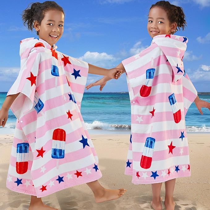 VOOVA & MOVAS Kids Beach Towels with Hood (4-8Years), Super Absorbent Soft Cotton Bath | Pool Towel for Boys and Girls, Perfect for Swim | Gifts, Pink Ice Lolly