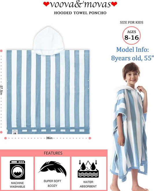 VOOVA & MOVAS Oversized Hooded Beach Towels for Teens (8-16Years), 100% Cotton Thick Absorbent Poncho Towel Robe, Perfect for Pool, Beach, Bathroom, Blue Cabana Stripe Design