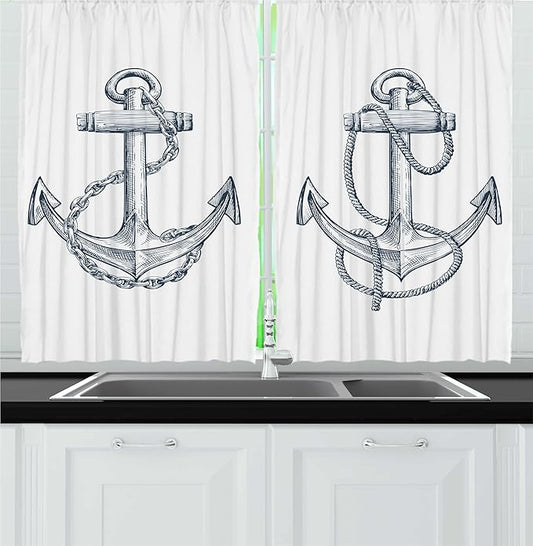 Ambesonne Anchor Kitchen Curtains, Vintage Sketch Nautical Element Ship Sailing Travel Theme Chain Rope, Window Drapes 2 Panel Set for Kitchen Cafe Decor, 55" x 30", Teal White