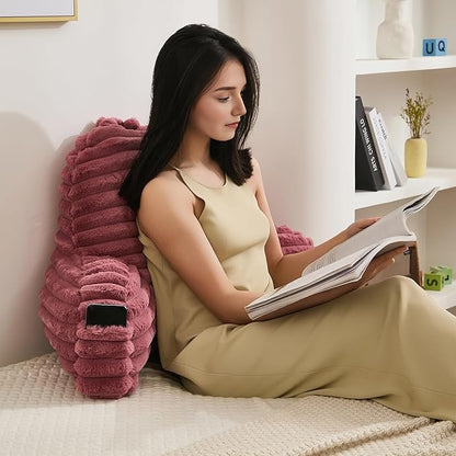 Faux Fur Fluffy Dusty Rose Reading Pillow with Pockets, Luxury Striped Plush Decorative, Arm Rests and Back Surport for Bed Rest, Lounging on sofa, Large