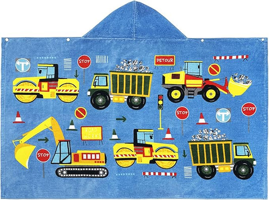 BANGSAUR Excavator Beach Towel, 100% Cotton 50"x30" Hooded Bath Wrap Towel, Toddlers Baby Boys 3-10 Years Coverup Truck