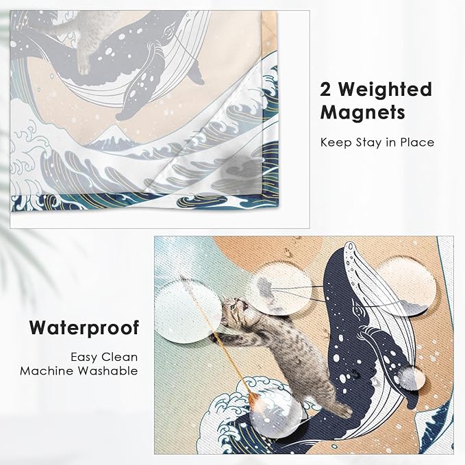 Funny Whale Cat No Hook Shower Curtain with Snap in Liner, Ocean Wave Sea Blue Orange Bath Curtain with Double Layers Waterproof Fabric and Mesh Top Window 71x74 Inch