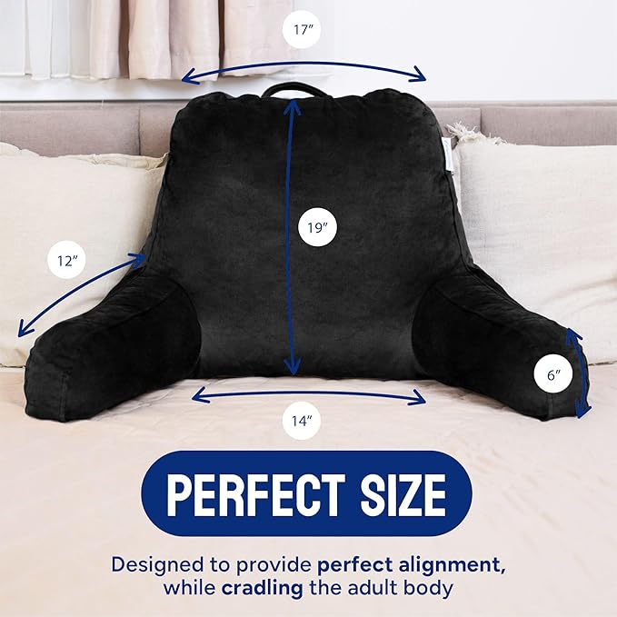 ComfortSpa Reading Pillow for Bed Adult Size, Back Rest Pillow with Arms, Pockets and Washable Cover; Use as Bed Pillows for Sitting Up in Bed for Bedrest or Relief from GERD Heartburn (X-Large Black)
