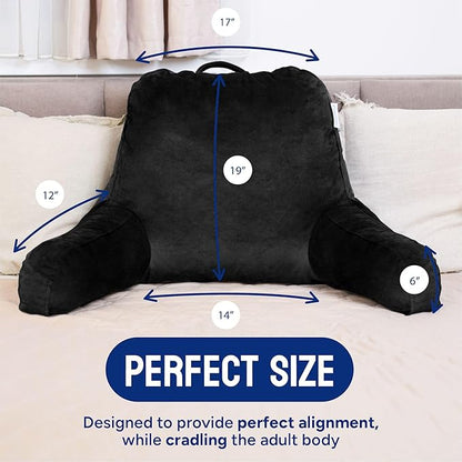 ComfortSpa Reading Pillow for Bed Adult Size, Back Rest Pillow with Arms, Pockets and Washable Cover; Use as Bed Pillows for Sitting Up in Bed for Bedrest or Relief from GERD Heartburn (X-Large Black)