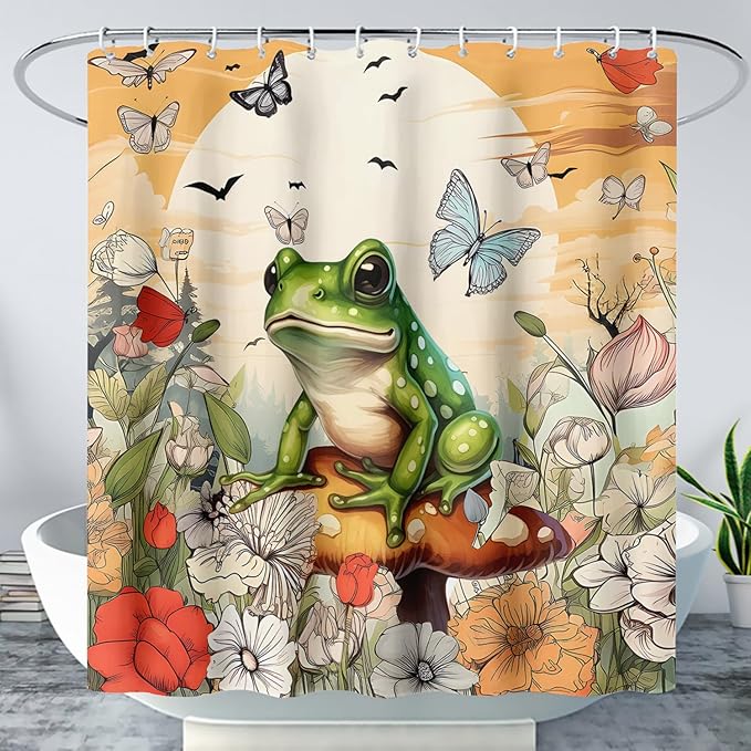 AILONEN Cartoon Frog Waterproof Shower Curtain,Nature Plant Fungus Flower Frog Bath Curtain,Fantasy Sunset Abstract Yellow Bathroom Curtain Decor 72" W x 72" H