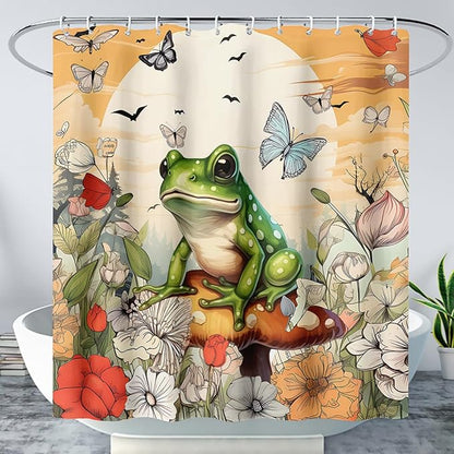 AILONEN Cartoon Frog Waterproof Shower Curtain,Nature Plant Fungus Flower Frog Bath Curtain,Fantasy Sunset Abstract Yellow Bathroom Curtain Decor 72" W x 72" H