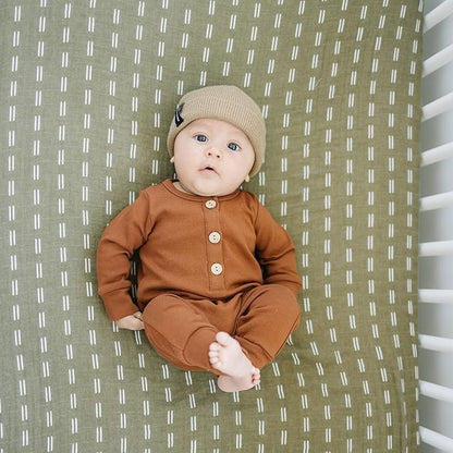Olive Strokes Muslin Crib Sheet by Mebie Baby, Soft and Breathable Bed Sheets for Babies, Modern Neutral Bedding for Cribs, Standard Crib Mattress Fitted Sheet, Great for Boy or Girl Room or Nursery