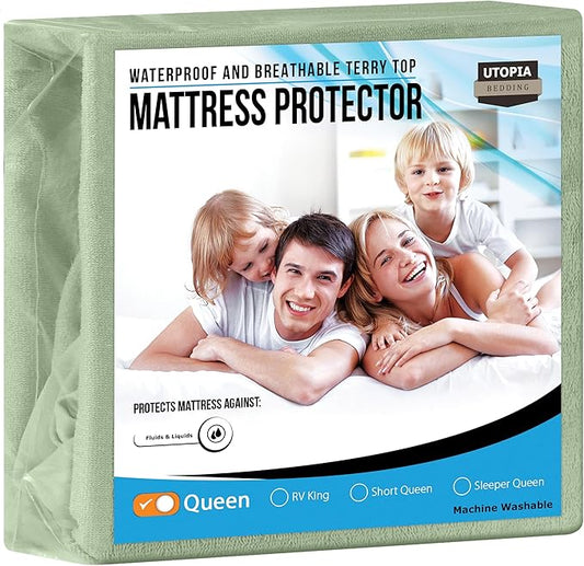 Utopia Bedding Waterproof Mattress Protector Queen Size, Premium Terry Mattress Cover 200 GSM, Breathable, Fitted Style with Stretchable Pockets (Sage)