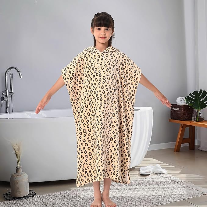 VOOVA & MOVAS Changing Towels Robe for 8-14 Girl Teens,100% Cotton Poncho Towel, Large Absorbent Hooded Towel Dress for Pool | Beach | Bath | Swim, Leopard Print