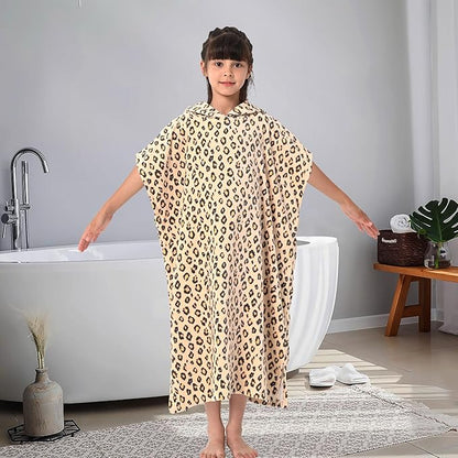 VOOVA & MOVAS Changing Towels Robe for 8-14 Girl Teens,100% Cotton Poncho Towel, Large Absorbent Hooded Towel Dress for Pool | Beach | Bath | Swim, Leopard Print