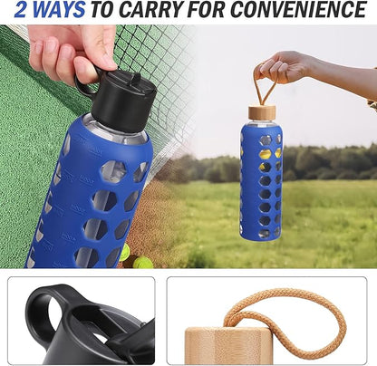 MUKOKO Glass Water Bottles, 24oz Glass Tumbler, Drinking Bottles with 2 Lids-Handle Flip Straw Lid&Bamboo Lid, Motivational Water Bottle with Time Marker and Silicone Sleeve, Leakproof-1 Pack-Blue