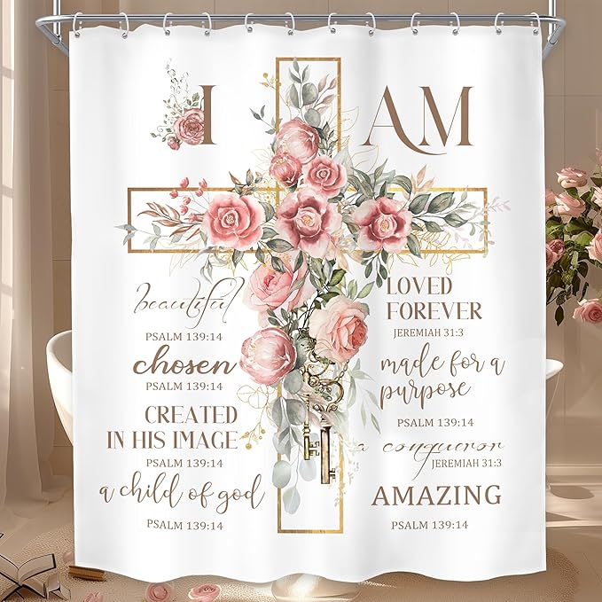 MESHELLY Pink Floral Shower Curtain 60Wx72H Christian Shower Curtain Rustic Farmhouse Bible Verse Cross Bathroom Curtain Motivational Quote Country Bath Curtain Fabric Bathroom Decor with 12 Hooks
