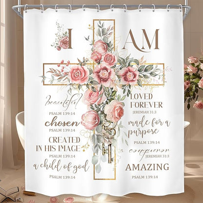 MESHELLY Pink Floral Shower Curtain 60Wx72H Christian Shower Curtain Rustic Farmhouse Bible Verse Cross Bathroom Curtain Motivational Quote Country Bath Curtain Fabric Bathroom Decor with 12 Hooks