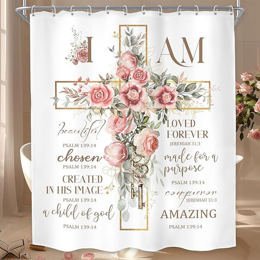 MESHELLY Pink Floral Shower Curtain 60Wx72H Christian Shower Curtain Rustic Farmhouse Bible Verse Cross Bathroom Curtain Motivational Quote Country Bath Curtain Fabric Bathroom Decor with 12 Hooks