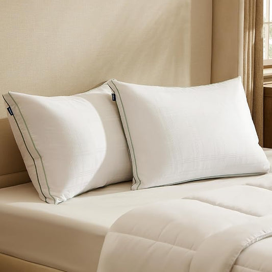 Bedsure Luxury Goose Feathers Down Pillow - 300 Thread Count Cotton Cover Gusseted Hotel Collection Bed Queen Pillow, Ultra-Soft High Elasticity Sorona Fiber Layer Pillows (2, Green, Standard)