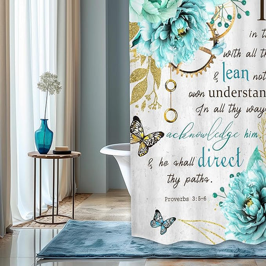 MESHELLY Teal Shower Curtain 60Wx72H Flower Christian Shower Curtain Farmhouse Bible Verse Rustic Blue Floral Shower Curtain Women Inspiration Quote Scriptures Bathroom Decor Fabric with 12 Hooks