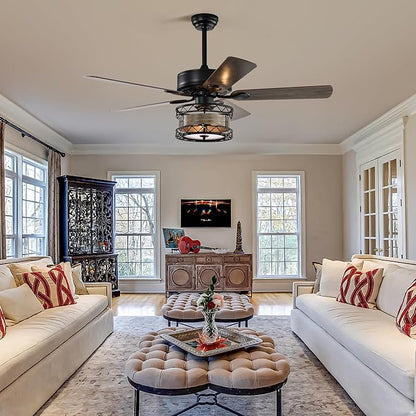 NicBex Ceiling Fan 52 Inch Ceiling Fan with Lights Vintage Ceiling Fans with 5 Blades and Remote Control Reversible Ceiling Fan with Lamp Shade for Bedroom, Living Room, Matte Black