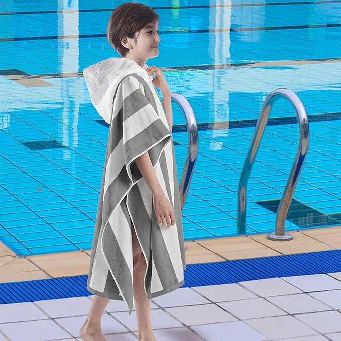VOOVA & MOVAS Big Kids Poncho Towel with Hood - Teens Hooded Pool Towel Poncho (8-16Years), Large and Absorbent Cotton - Versatile for Beach, Pool, Swim, and Bath, Grey Cabana Stripe