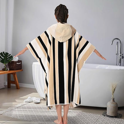 VOOVA & MOVAS Hooded Beach Towels for Teens (8-16Years), 100% Cotton Thick Poncho Towel for Big Kids, Perfect for Pool, Beach, Bath, Brown Black Stripe