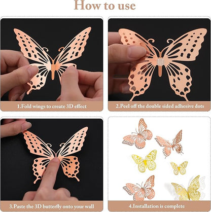 SAOROPEB 3D Butterfly Wall Decor, 48 Pcs 4 Styles 2 Color 3 Sizes, Removable Metallic Wall Sticker Room Mural Decals for Kids Bedroom Nursery Classroom Party Decoration (2 Color)
