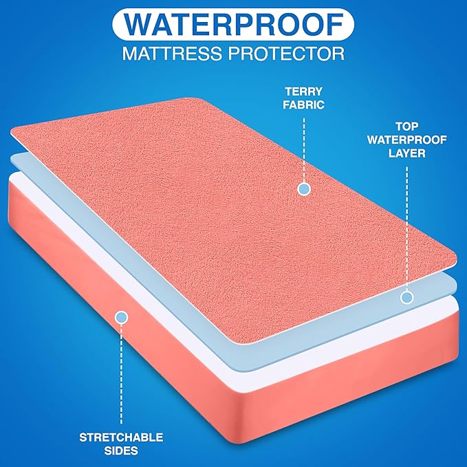 Utopia Bedding Waterproof Mattress Protector Queen Size, Premium Terry Mattress Cover 200 GSM, Breathable, Fitted Style with Stretchable Pockets (Coral)