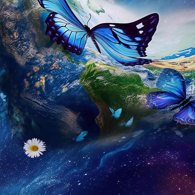 AILONEN Blue Butterfly Shower Curtain 72" W*96" H,Mystic Galaxy Earth Starry Bathroom Decor,Modern Floral Butterfly Bath Curtain Polyester Waterproof Bathroom Curtain with 12 Hooks