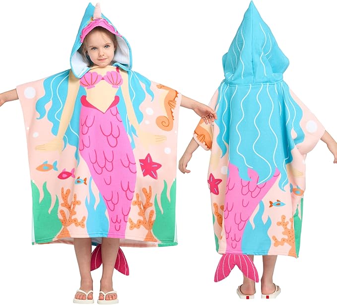 Joiedomi Kids Beach Towel - Mermaid Hooded Bath Towel - for Boys Girls 3-10 Years 30" x 30" - Toddler Soft Absorbent Swim Pool Towel- Quick Dry Microfiber Surf Poncho