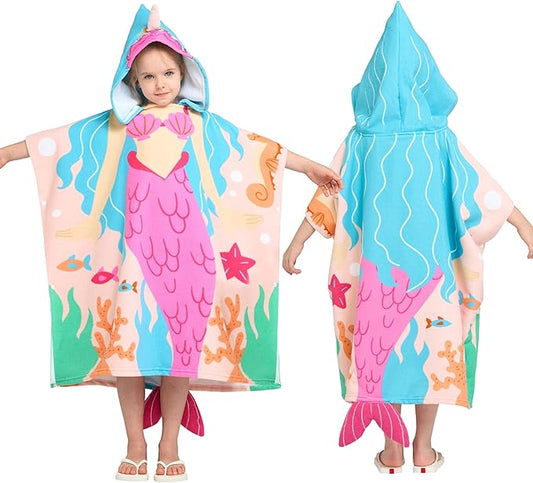 Joiedomi Kids Beach Towel - Mermaid Hooded Bath Towel - for Boys Girls 3-10 Years 30" x 30" - Toddler Soft Absorbent Swim Pool Towel- Quick Dry Microfiber Surf Poncho