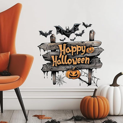Halloween Wall Stickers Bat Spider Web Pumpkin Wall Decals Decor Self Adhesive Design Wall Decals Supply Happy Halloween Window Stickers for Wall Glass Mirror Living Room Home Bathroom Kitchen School