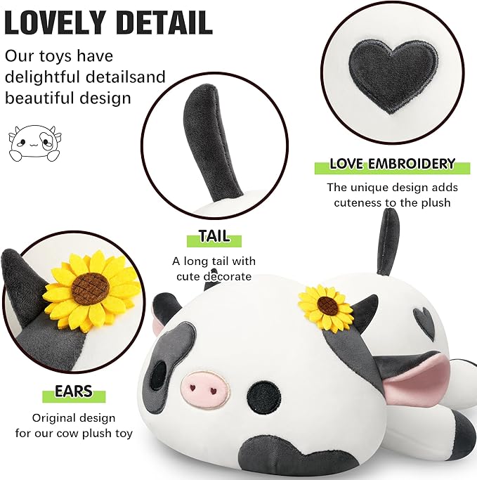 Onsoyours Cute Cow Plushie with Sunflower Headwear, Soft Stuffed Milk Cow Squishy Plush Animal Toy Flower Cow Pillow for Kids (Sunflower Cow, 9")