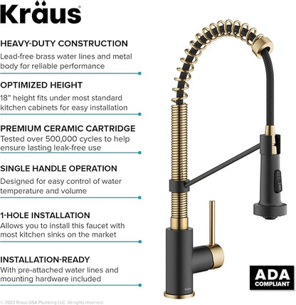 KRAUS Bolden Commercial Style Pull-Down Single Handle 18-Inch Kitchen Faucet in Brushed Brass/Matte Black, KPF-1610BBMB