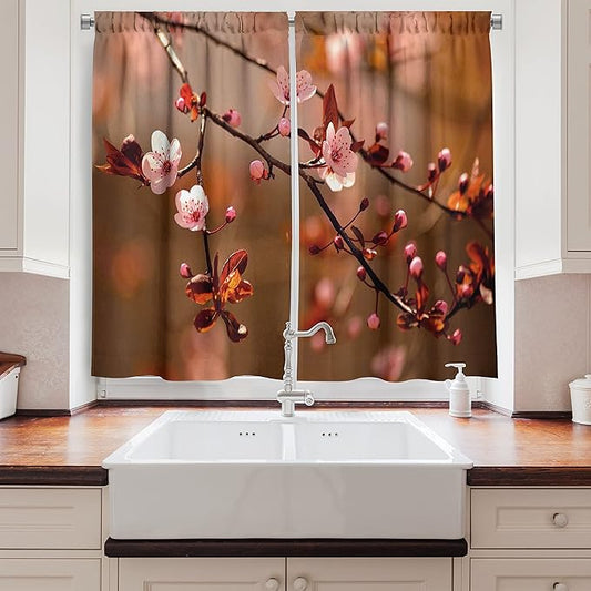 Ambesonne Nature Kitchen Curtains, Cherry Blossom Sakura Tree Branches Flowering Japanese Flourishing Print, Window Drapes 2 Panel Set for Kitchen Cafe Decor, 55" x 39", Coral Pink