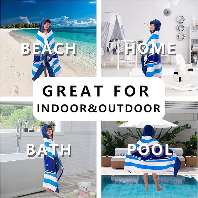 Kids Hooded Beach Bath Towel, Baby Surf Poncho Toddlers Soft Real Cotton Wrap Hooded Towels for Kids Boy Girl