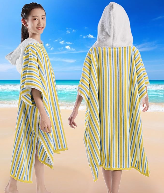 VOOVA & MOVAS Teens Beach Towels with Hood (8-16Years), Large Soft and Absorbent Cotton Hooded Pool Towel Poncho Robe - Versatile for Pool, Swim, and Bath, Blue Yellow Stripe