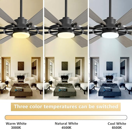 80" Ceiling Fan with Lights and Remote Control, Wood 8 Blades 6-Speed Noiseless Reversible DC Motor, 3 Downrods, Modern Indoor/Outdoor Ceiling fan for Office Porch Dining Living Room, Black+Wood
