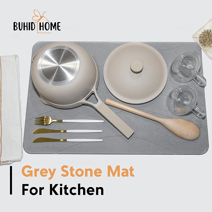 Stone Dish Drying Mat for Kitchen Counter - Absorbent Diatomaceous Earth Stone Dish Drying Mat, Fast Dry, Non-Slip & Heat Resistant Stone Mat - Gray Stone Mat for Kitchen 15.75"x11.8"