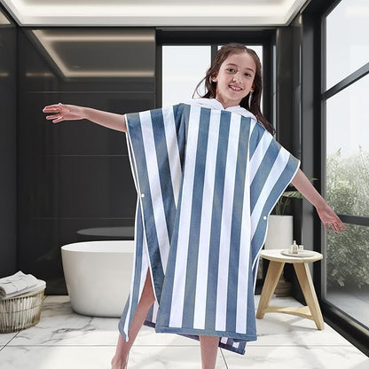 VOOVA & MOVAS Hooded Beach Towel Poncho for Teens (8-16Years), 100% Cotton Thick Surf Poncho Towel Robe for Kids, Perfect for Pool, Beach, Bath Activities and Gifts,Blue Grey Cabana Stripe