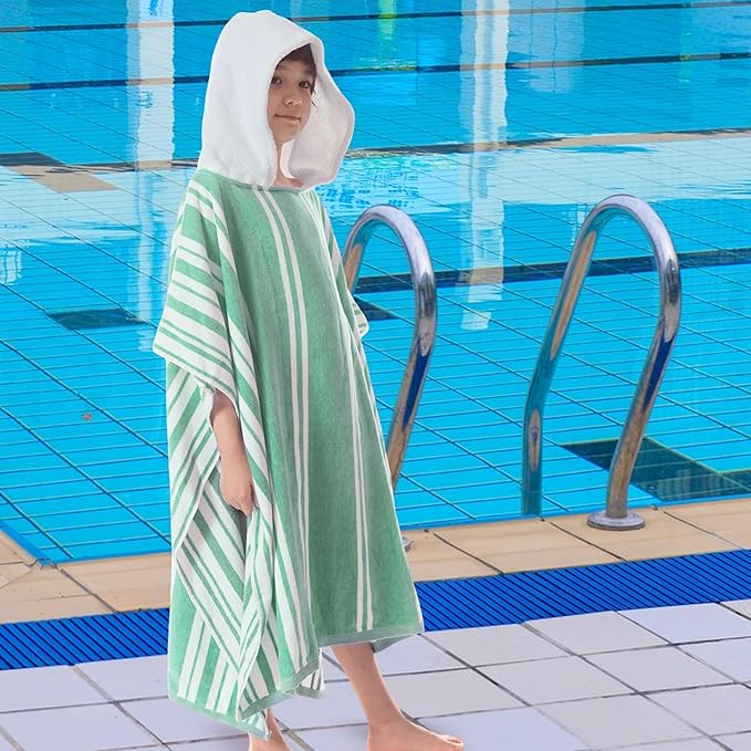 VOOVA & MOVAS Hooded Beach Towels for Boys| Girls | Teens (8-16Years), 100% Cotton Thick Poncho Towel Robe for Big Kids, Perfect for Pool, Beach, Bath and Gifts, Green Cabana Stripe Design
