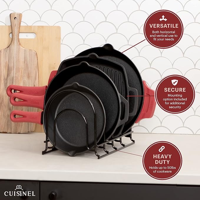 Cuisinel Pots and Pans Organizers - 2-PACK of Silicone-Coated Non-Slip 12" Heavy Duty Skillet Rack - Kitchen Organization Storage - Holds Cookie Sheets, Cutting Boards, Cast Iron Cookware, Dish Stand