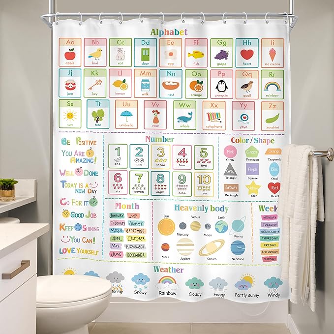 MESHELLY Kids Alphabet ABC Shower Curtain 60Wx72H Educational Funny Cartoon Cute Number Shape Baby Nursery Bathroom Curtain Colorful Bath Curtain Cloth Fabric Bathroom Accessories Decor with 12 Hooks