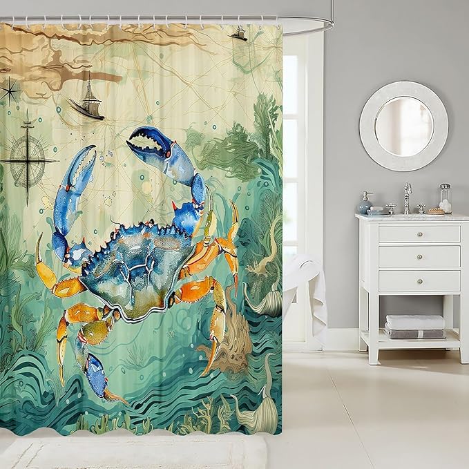 Feelyou Crab Print Shower Curtain 72"x84" Kids Sailboat Printed Bathroom Shower Curtain Set for Boys Girls Teens Ocean Themed Bath Curtain Marine Life Sealife Bathroom Accessories