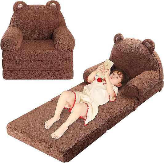 Foldable Kids Sofa, Sherpa Teddy Bear Toddler Couch with Tri Folding Foam Cushions, Comfy Kids Couch for Kids Age 18 Months and Up