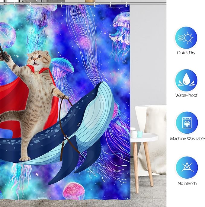 Aimego Funny Cat Shower Curtains - Cute Cat Riding Whale Shark on Space Galaxy Fantasy Jellyfish Fun Shower Curtain Set with 12 Hooks for Adults Kids Bathroom Decor Accessories, 72"x72"