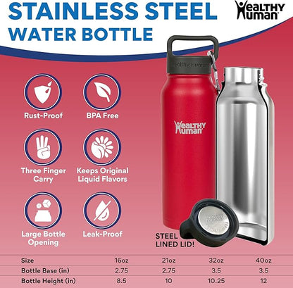Healthy Human Stainless Steel Water Bottle | Double Walled Vacuum Insulated Water Thermos for Adults | Eco-Friendly Travel Bottles with Leak Proof Lid (Red Hot, 40 oz / 1183 ML)