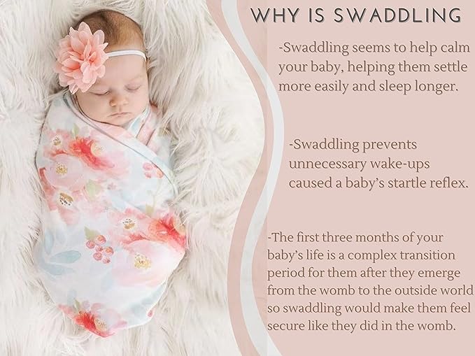 Baby Receiving Blanket Swaddle Blanket Newborn Wrap Swaddle Headband Set -Bloom Flower Pattern