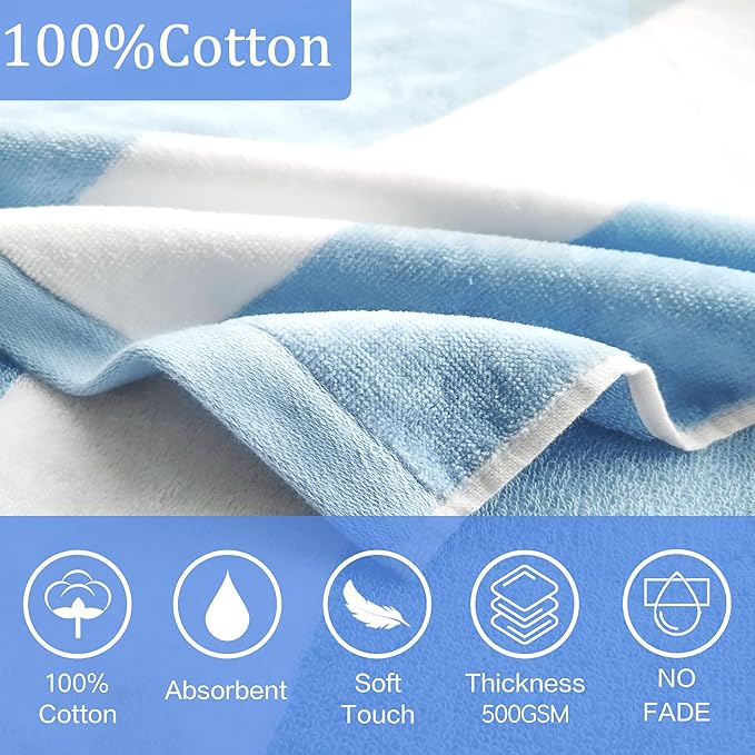VOOVA & MOVAS Oversized Hooded Beach Towels for Teens (8-16Years), 100% Cotton Thick Absorbent Poncho Towel Robe, Perfect for Pool, Beach, Bathroom, Blue Cabana Stripe Design