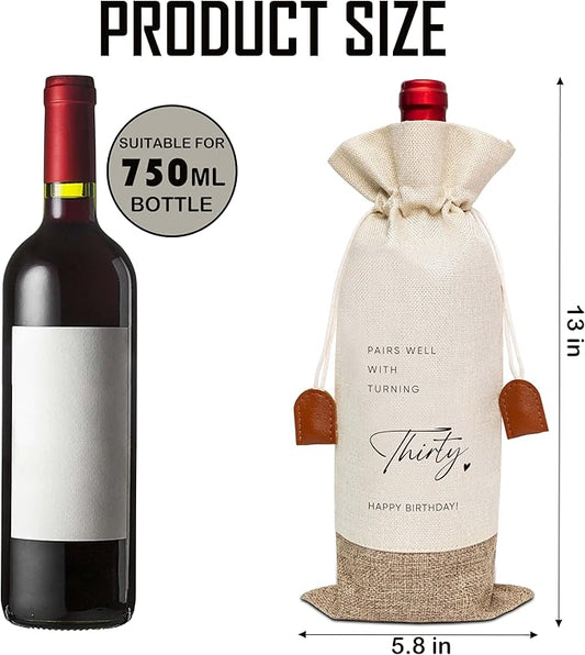 30th Birthday Wine Bag, Cotton Linen Wine Gift Bag With Drawstring, Wine Champagne Bottle Gift Bag, Thirty Years Old Birthday Gifts Wine Bag for Woman Man, 30th Birthday Party Favors-32